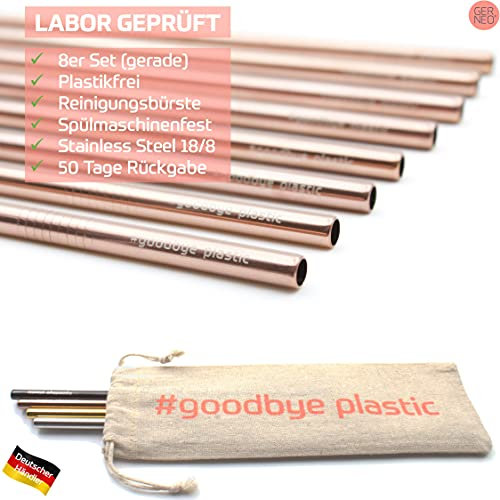 GERNEO® - Labor geprüft - Strohhalm wiederverwendbar 304er Edelstahl - 8er Set + Reinigungsbürste + ToGo Bag - Rückgaberecht, kindergeeignet, rostfrei & umweltfreundlich (Kupfer-Gerade-8mm)