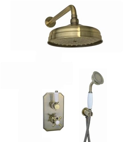 ENKI, Regent, SH0081 Regent Traditional Crosshead and White Lever Concealed Thermostatic Shower Set incl. Twin Valve, Wall Fixed 8 Shower Head, Handshower Kit, Antique Brass (2 Outlet)