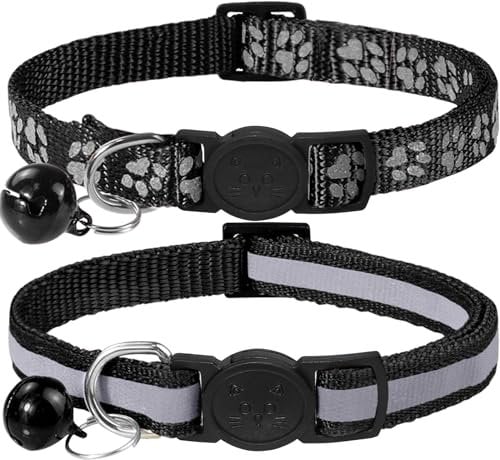 Taglory Reflektierend Katzenhalsband mit Sicherheitsverschluss und Glöckchen, 2-Stück Verstellbar Halsband Katze Kitten, 19-32cm Schwarz