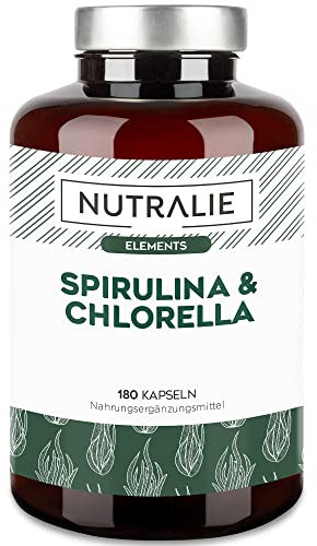 SPIRULINA & CLORELLA 1800mg - Detox, Energia, Forza & Effetto Sazietà - Alga Spirulina Superalimento Ricco di Proteine & Vitamine | 180 Capsule Vegane Nutralie