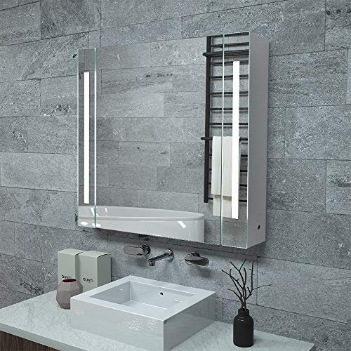 Janboe Illuminated Bathroom Cabinets Anti-fog and Shaver Socket Led Storage Cabinet on Wall 65x60x12.5cm White