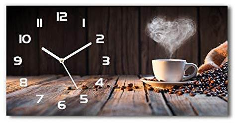 Tulup Wanduhr aus Glas 60x30 cm Glas Uhr Bild Glasuhr Gehärtetes Glas Küchenuhren - weiße Zeiger - Tasse Kaffee