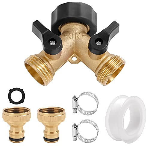 Garden Hose Splitter, 2 way Brass Tap,3/4 Tap Y Valve Splitter Hose Connector, with Individual On/off and Two Quick Connector