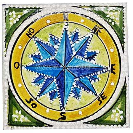 Sicilia Bedda - PIASTRELLA IN CERAMICA SICILIANA - Realizzata e Dipinta a Mano - 15 x 15 x 0.8 CM (Rosa dei Venti Verde)