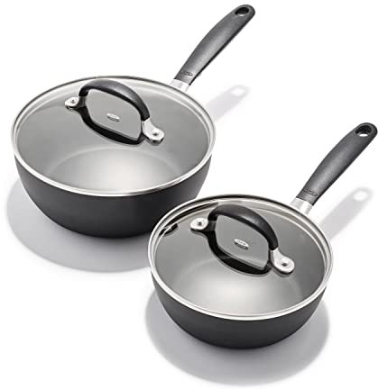 OXO Good Grips 1QT and 2QT Saucepan Pot Set with Lids, 3-Layered German Engineered Nonstick Coating, Stainless Steel Handles with Nonslip Silicone, Black