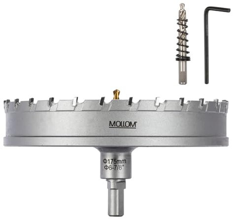 Mollom (175mm | 6-7/8) Scie cloche en carbure pour usage intensif avec 2 forets pilotes, coupe l'acier inoxydable, l'acier doux, le fer, le cuivre, le laiton et le plastique
