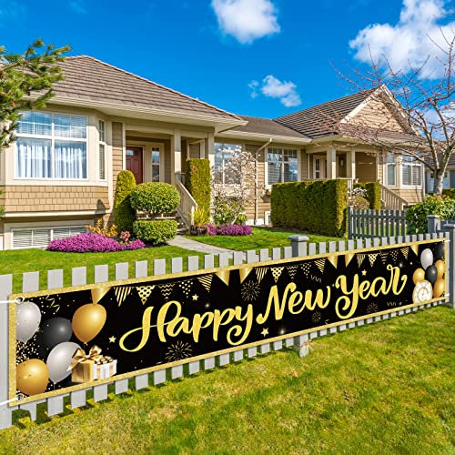 TAROME Happy New Year Banner Silvester Deko Extra Lange Neujahr Banner Schwarz Gold Neujahrsbanner hängedekoration 300x50cm Partybanner für Silvesterpartydeko Outdoor Indoor Garten Haus