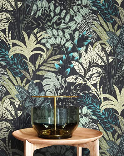 NEWROOM Papier peint Noir Jungle Intissé - Floral Vert Fleurs Feuilles Tropical
