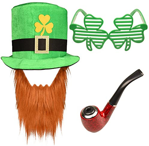 MFUOE St. Patricks Day Koboldhut Grüner Hut Brille und Pfeife mit Kleeblatt Kobold Irland Kappe für St. Patricks Day, Karneval Fancy, irisches PubDress Kostümzubehör