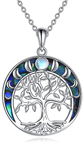 YAFEINI Baum des Lebens Ketten 925 Sterling Silber Mondstein Keltischer Knoten Pentagramm Anhänger Halskette für Damen Schmuck (Baum des Lebens Halskette mit abnehmendem Mond)