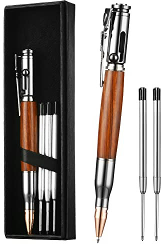 AUAUY Bolt Action Pen, Druckkugelschreiber mit 5 Auswechselbare Mine und Geschenk Box, 1mm Unterschrift Kugelschreiber, Tactical Pen für Business Büroschreibstift (Holzmaserung)