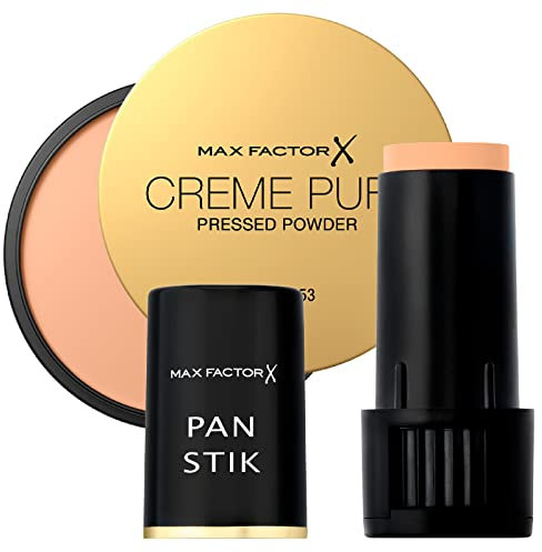 Max Factor Pan Stik Compact Foundation 3in1 Cremig Lang Halt 013 Nouveau Beige + Kompaktes Puder Crème Puff Pressed Powder Mattierendes Puder Langanhaltend 5 Translucent - 2 Kosmetik