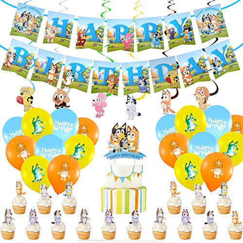 Birthday Geburtstagsdeko, 50 Stück Dog Zubehör für Geburtstagsfeiern Blue Geburtstag Dekoration Inklusive Happy Birthday Banner Tortenaufsatz Balloon Spiralförmige Dekoration