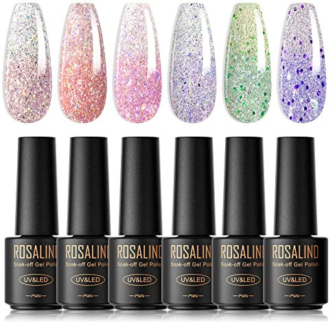 ROSALIND UV Nagellack glitzer, 6 Farben Mini nagel uv gel thermo, UV Nagellack Set thermogel Soak für Gelnägel Soak Off UV Gel Nail Polish Lacke Für UV Lampe