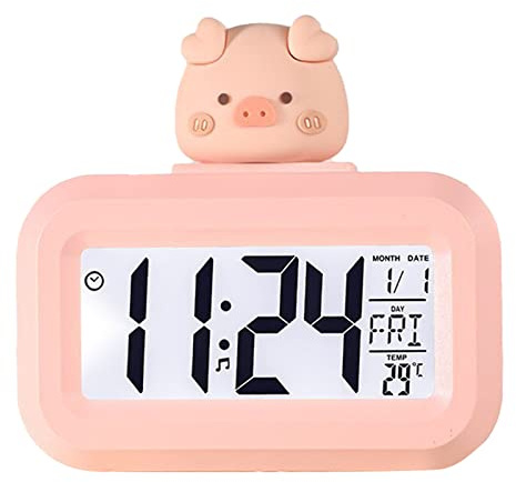Pssopp Niedlicher Digitaler Wecker, Schreibtisch-Regaluhren, Niedlicher Elektronischer Wecker, Augenschutz, Digitale Elektronische Uhr, Cartoon für Schlafzimmer für Studenten (Rosa Schweinchen)