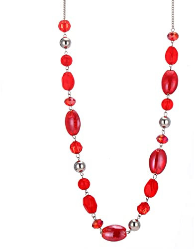 FULU AUTUMN Long Silver Beaded Necklace for Women Chain Necklace with Shell Crystal Pearl Beads Fashion Jewellery Gifts for Girlfriends(10-Red)