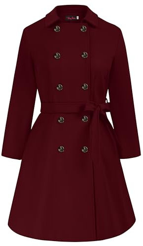 Hanna Nikole Wollmantel Damen Lang Große Größen Zweireihiger Wollmantel mit Taschen Gürtel Langarm Mittellanger Trenchcoat Wein 52
