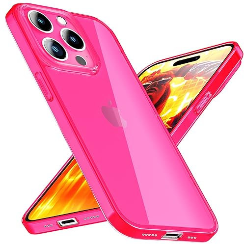 NALIA Translucent Neon Cover compatible with iPhone 15 Pro Max Case, Transparent Colorful Shiny See Through Phonecase, Slim Anti-Yellow Glossy Silicone Protective Shockproof Coverage, Color:Pink