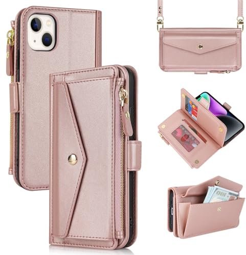 Zouzt for iPhone 13 Wallet Case iPhone 14 Case with Card Holder 14 Crossbody Case Zipper, Premium PU Leather Women Purse Style Flip Shockproof Phone Cover for iPhone 13 / iPhone 14 6.1 Inch (Pink)