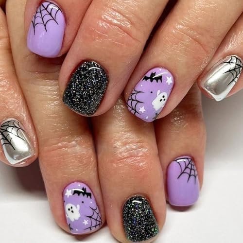 SINLOV Halloween Spider 24pcs Square False Nails Black Crystal Short Press on Nails Matte French Fake Nails for Women and Girls