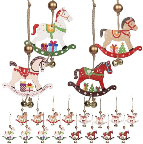 HAKOTOM 16 Stück Schaukelpferd Weihnachtsanhänger Holzpferd Anhänger Weihnachten Holzanhänger Weihnachtsbaumschmuck für Weihnachtsbaum Hängende Christbaumschmuck Baumbehang Christbaumanhänger