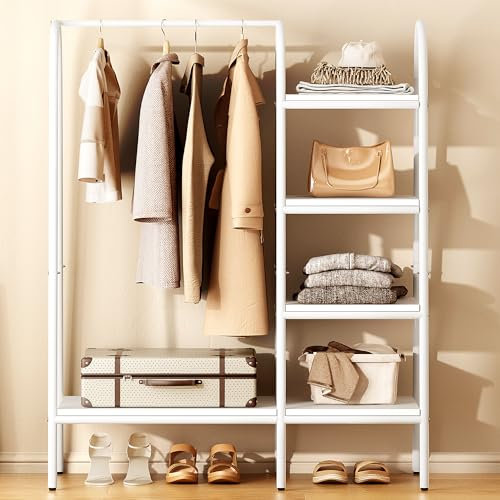 sogesfurniture Porte-Manteau Portant à vêtements en Bois et Métal, avec 4 Etagères de Rangement, Gain de Place, pour Chambre, Entrée, Bureau, 100 x 40 x 150cm, Blanc