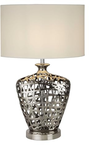 Licht-Erlebnisse Tischleuchte Chrom Weiß E27 57 cm hoch Stoff Keramik Modern Wohnzimmer Tischlampe Schlafzimmer Nachttischlampe