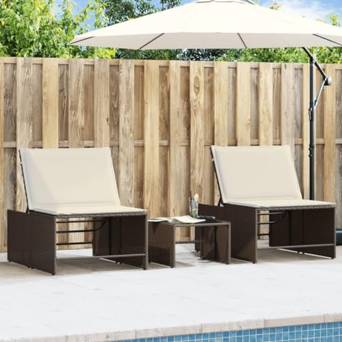 Gecheer Sonnenliegen 2 STK.mit Tisch Beistelltisch Gartenliege Relaxliege Liegestuhl Strandliege Gartenmöbel Liege Saunaliege Braun Poly Rattan
