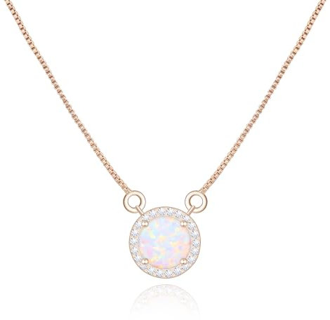 AILUOR White Opal Necklaces for Women, Rose Gold Plated 11mm Round Gemstone Pendant October Birthstone Necklace for Women Bridal Wedding Jewelry Birthday Gift for Wife Mom Her (Round, Rose Gold)