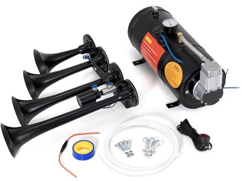 FARBIN 178dB Vier Trompete Horns Super laute Luft Horns mit 150 PSI Lufttank Zug Horn Kit für LKW mit 12V Luftkompressor Kann für LKW Jeep SUV Zug Metall (0.8 gal 12v schwarz parallele Luft Horn Kit)