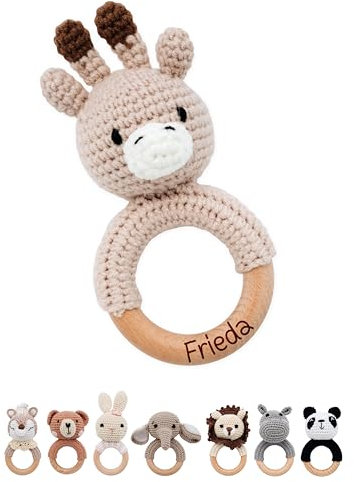 Bärenfreunde® - Personalisierter Beißring Baby - Niedlicher Greifling für Baby's ab 0 Monate - Babyrassel mit Name als Baby Geschenk für Mädchen und Jungen (Giraffe,ohne Name)
