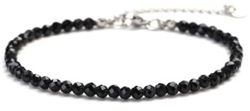 Kim Johanson® Damen Fußkettchen mit echten Natursteinen in Silber I Naturstein Fußkette mit 4mm Edelstein Perlen I Wasserfest | Boho Schmuck für Frauen | Verstellbar (Achat (Onyx), S/M (21-26cm))