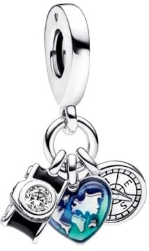 Wedanor Charme Kamera, Herz-Kompass Charms-Anhänger 925 Sterling Silber Charm Bead Pendant für Europäische Armbänder und Halsketten