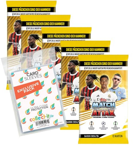 Bundle mit Match Attax Champions League 2024/25 - Trading Cards - 5 Booster + Exklusive Collect-it Hüllen