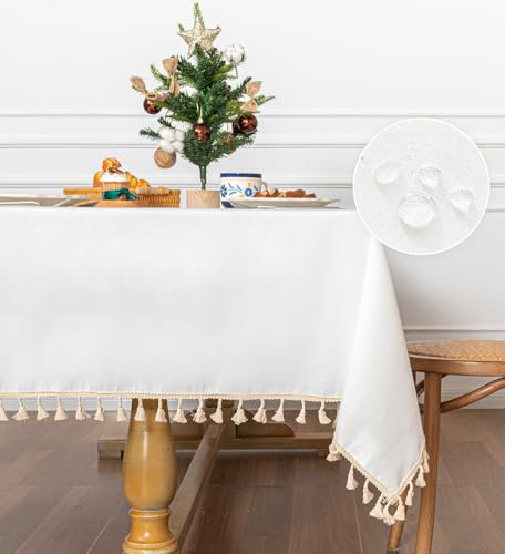 MYSKY HOME Wasserabweisende Tischdecken 140 x 160 cm Tischdecke Rechteckig Abwaschbare Leinenoptik Tischtuch Gartentischdecke Beige Fransen Table Cloth für Outdoor, Hochzeiten, Geburtstag