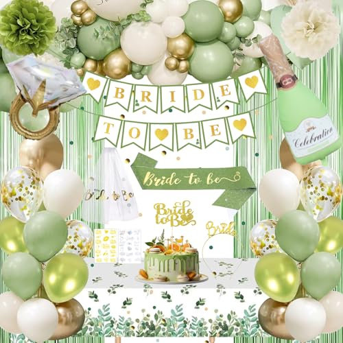 Sage Green Hen Party Decorations, Bride to Be decorations, Bridal Shower Decorations with BRIDE TO BE Banner, Balloons, Sash, Tiara, Veil, Tattoo for Bachelorette and Wedding Hen Do Decorations