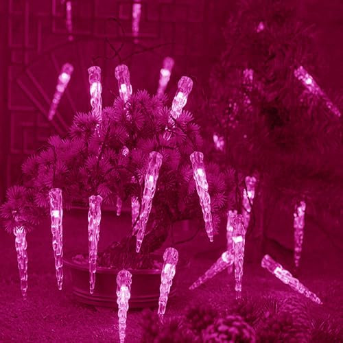 KINGCOO 20LED Eiszapfen Lichterkette Außen und Innen, Wasserdicht 5M LED Solar Eiszapfenleuchten Rohr Lichter für Balkon Party Garten Haus Weihnachtsbeleuchtung Deko (Rosa)