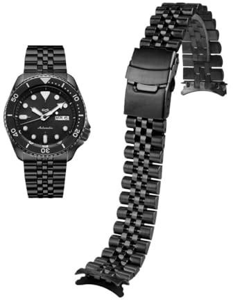 For Seiko No.5 Massiv-Edelstahlband 20 mm 22 mm Herren-Sportarmband SKX007 SKX009 SRPD63K1 SKX175 Jubilee-Armband mit gebogenem Ende(Black,20mm)