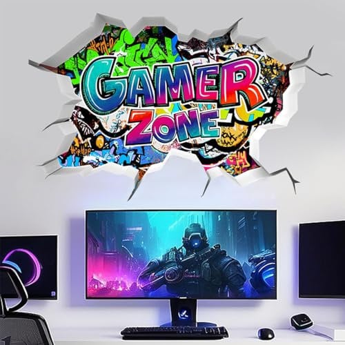 SanKristo 3D Gamer Autocollant Mural, Gamer Zone Mur cassé Joueur de Jeux Décoration Murales Stickers Gamer, Deco Gaming Papier Peint Autocollant pour Salle de Jeux Art Mural pour Enfants, Style B