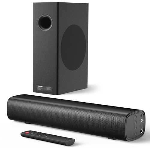 Saiyin Soundbar con subwoofer da 4, subwoofer con bordi arrotondati da 70 W e soundbar compatta per TV, sistema audio surround 2.1 migliorato per TV, connessione Bluetooth/ottica/AUX per TV/PC
