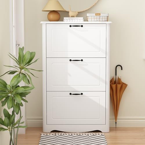 PREMTURE Schuhkipper mit 3 Klappen Schuhschrank schmal Schuhregal mit 6 Ablageflächen Schuhkommode Schuhablage Weiß，71.6 * 26.5 * 112cm, Verdickte MDF-Platte