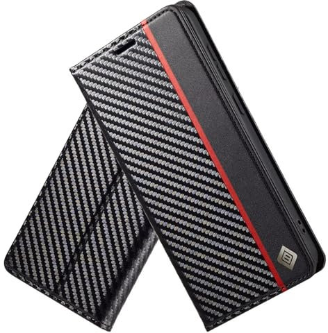 PONRFEKT Case for iPhone 13 mini,Case Cover in Premium Carbon Leather with Card Holder Kickstand Magnetic Closure Flip Mobile Phone Case for iPhone 13 mini,Vertical