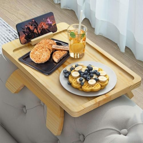 Suzmei Natural pine Sofa Arm Tray Table with Rotating Mobile Holder, sofa tray Foldable Clip-On sofa trays Design for Couches Foldable Armrest Tray for Eating & Drinking