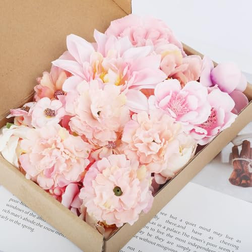 SOSMAR 30 PCS Artificial Flowers Heads for Decoraiton, Faux Flower Heads for Cake Decorations Crafting Wedding Party Hair Accessory Home Décor, Pink Peony Roses Hydrangea
