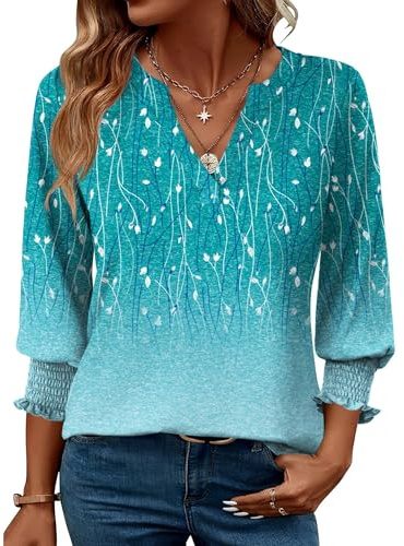 Rapbin Women Blouse Tops 3/4 Length Sleeve Fashion V-Neck Tunic Summer Casual Ladies Basic Business Tee Shirts 2025 (16-18, Blue-Green Floral)