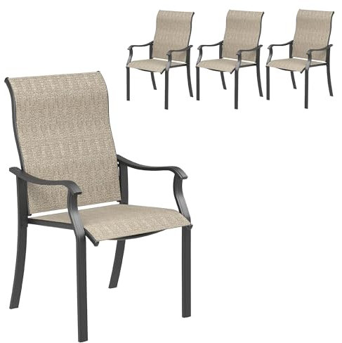 Amopatio Lot de 4 chaises de jardin à dossier haut avec accoudoirs, en métal, résistantes aux intempéries, pour jardin, terrasse, balcon, marron