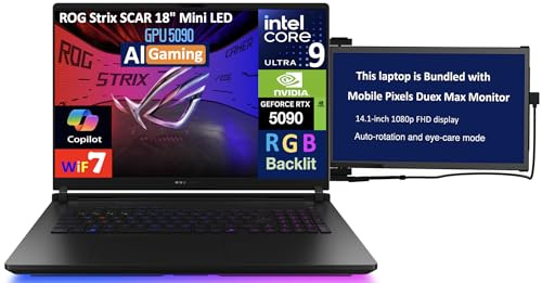 ASUS ROG Strix Scar AI Gaming Laptop 18 240Hz Mini LED WQXGA Display (Intel Ultra 9-275HX, GeForce RTX 5090 24GB, 64GB DDR5, 2TB PCIe SSD, RGB KB, Win 11 Pro) w/Duex Max DS Monitor