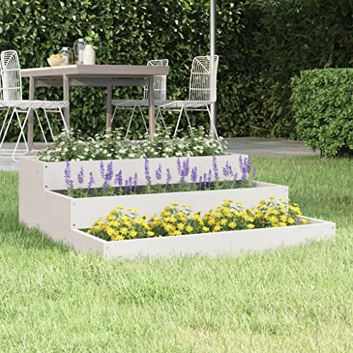 Qnhdfrt Stufen Hochbeet Holz Weiß 78x78x27 cm Massiv Kiefer für Garten Balkon Terrasse