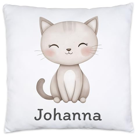 Kiddle-Design Kinderkissen mit Namen Personalisiert, Personalisiertes Kissen Kinder mit Katze, Namenskissen Katzekissen, Kuschelkissen als Geschenk zur Geburt, Taufe oder Weihnachten