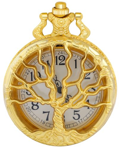 Tiong Gold Hollow Tree of Life Design Pocket Watch Arabic Numerals Quartz Pocket Watches with Chain Necklace for Men Women